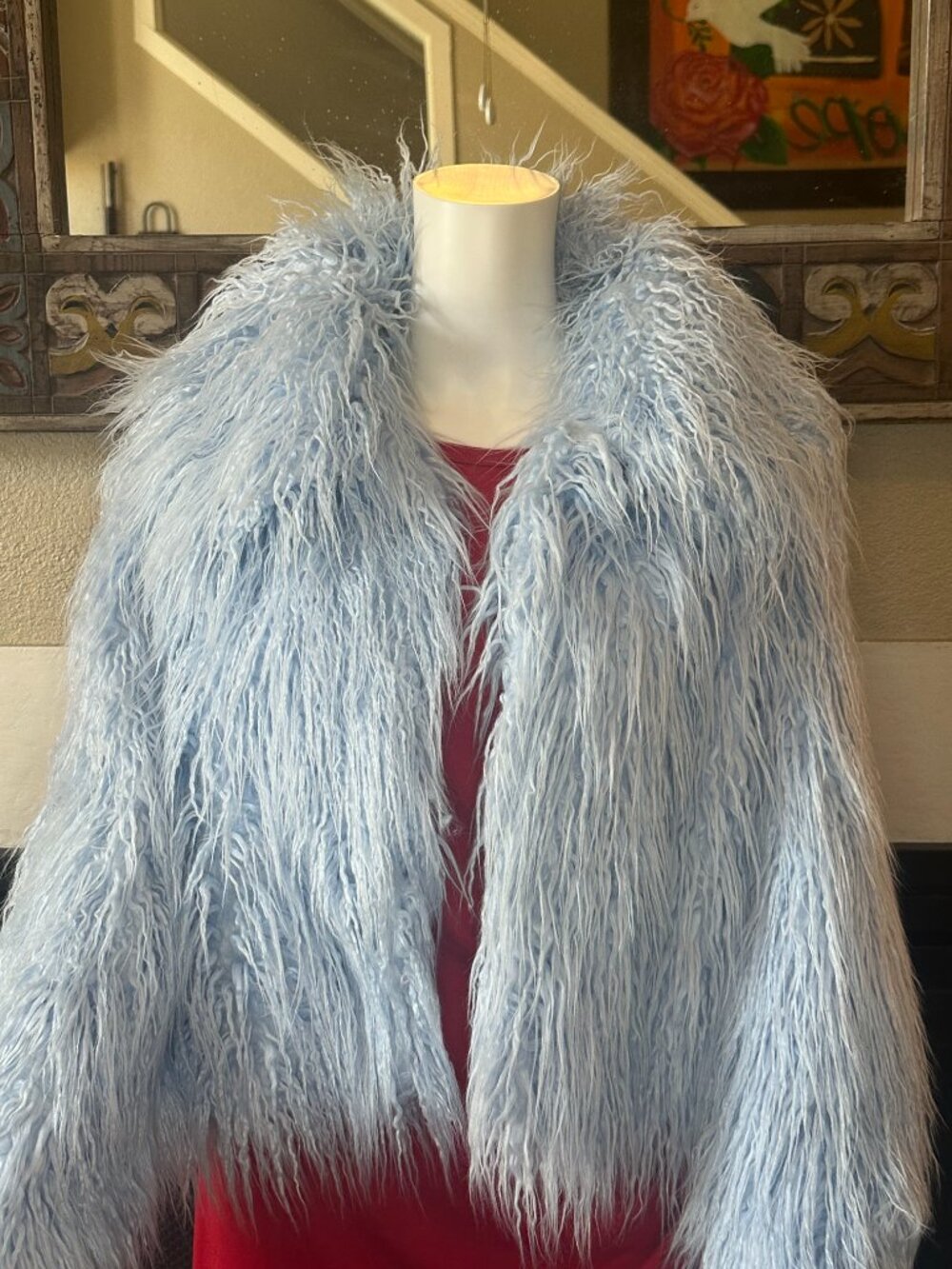 VTG FOREVER21 Blue Long Hair Faux Fur open Jacket Large Long Sleeve Collared - Picture 15 of 16